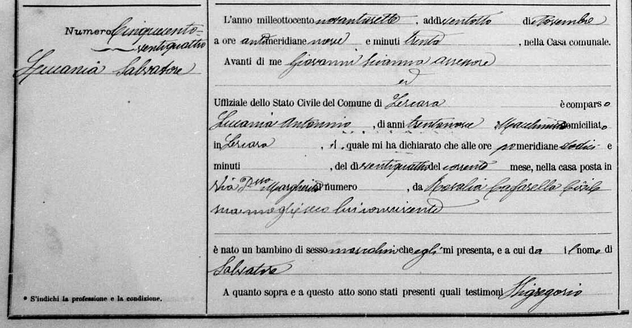 Atto di nascita — Ufficio di Stato Civile 1897