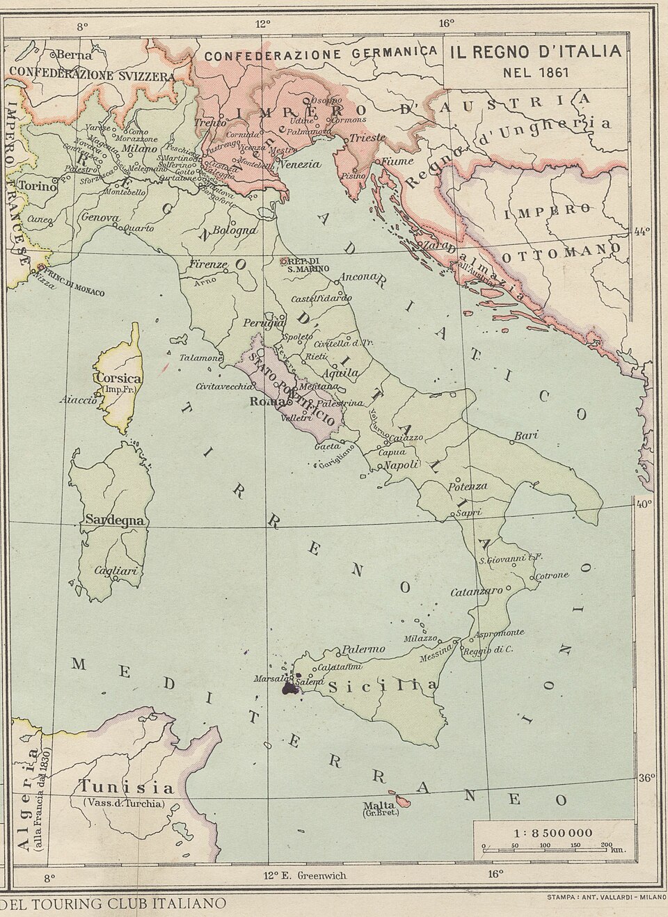 Regno d’Italia — carta del Touring Club, 1861
