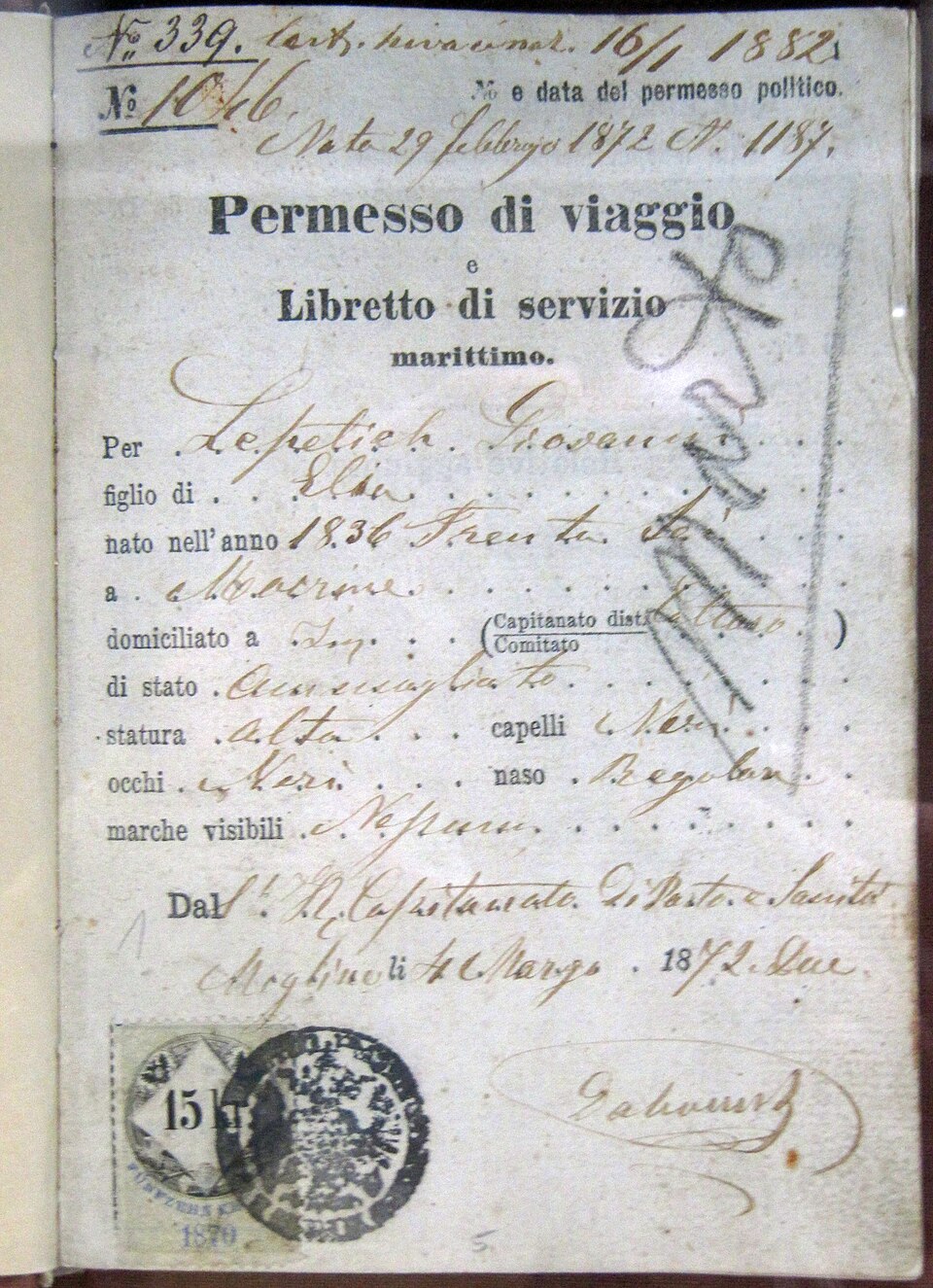 Passaporto italiano del Regno d’Italia, rilasciato nel 1872